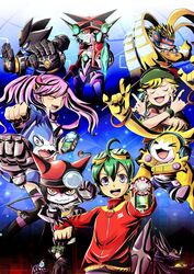  3boys appli_drive appmon asuka_torajirou blonde_hair blue_hair cable cellphone commentary_request contrast digimon digimon_(creature) digimon_universe:_appli_monsters dogatchmon dokamon dosukomon everyone female gatchmon goggles goggles_on_head green_hair hackmon_(appmon) hat headphones highres jacket karan_eri katsura_rei konna-nani mediamon multicolored_hair multiple_boys musimon necktie phone purple_hair raidramon shinkai_haru smartphone twintails 