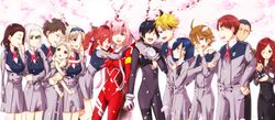  6+boys 6+girls ahoge ai_(darling_in_the_franxx) arm_around_neck bangs black_bodysuit black_hair black_pants blonde_hair blue_eyes blue_horns bodysuit breasts brown_hair cherry_blossoms closed_eyes commentary_request couple crossed_arms crying darling_in_the_franxx dress eyebrows_visible_through_hair finger finger_in_eye finger_on_nose flower futoshi_(darling_in_the_franxx) glasses gloves gorou_(darling_in_the_franxx) green_eyes grey_dress grey_shirt grey_shorts hachi_(darling_in_the_franxx) hair_ornament hairband hairclip hand_holding hand_on_another&#039;s_arm hand_on_another&#039;s_shoulder hand_on_own_arm hand_on_own_chest hand_on_own_chin hand_on_own_face hand_on_own_wrist hand_up high_ponytail hiro_(darling_in_the_franxx) holding holding_scarf horns hug ichigo_(darling_in_the_franxx) ikuno_(darling_in_the_franxx) interlocked_fingers kokoro_(darling_in_the_franxx) leg_up light_brown_hair lolicon long_hair long_sleeves looking_at_another mar0maru medium_breasts miku_(darling_in_the_franxx) military military_uniform mitsuru_(darling_in_the_franxx) multiple_boys multiple_girls nana_(darling_in_the_franxx) naomi_(darling_in_the_franxx) necktie one_eye_closed oni_horns pants petals pilot_suit pink_hair ponytail purple_eyes purple_hairband red_bodysuit red_gloves red_hair red_horns red_neckwear scar scar_across_eye scarf shirt short_hair shorts small_breasts straight tears thick_eyebrows thighs twintails uniform white_dress white_gloves white_hair yellow_eyes zero_two_(darling_in_the_franxx) zorome_(darling_in_the_franxx) 