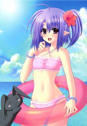  :d :x absurdres bikini blush_stickers bracelet breasts criss-cross_halter daisy_(shuffle!) female flower hair_flower hair_ornament halterneck hibiscus highres innertube jewelry nishimata_aoi ocean open_mouth pink_bikini pointy_ears purple_eyes purple_hair rabbit short_hair shuffle! shuffle!_essence+ small_breasts smile solo swim_ring swimsuit water 