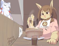  2girls bear brown_eyes brown_hair eating food furry letsuo multiple_girls polar_bear rabbit short_hair solo 