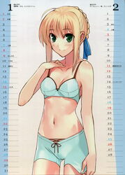  absurdres ahoge alternate_costume artoria_pendragon_(fate) bare_shoulders blonde_hair blue_bra blue_shorts blush bow bra breasts button_bra calendar_(medium) cleavage fate/stay_night fate_(series) february female green_eyes hair_ribbon highres january morii_shizuki navel ribbon saber_(fate) short_shorts shorts shorts_tug small_breasts smile solo underwear 