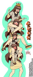  &gt;_&lt; 4girls :d :i black_bow blunt_bangs blush bow brown_eyes brown_hair carrying commentary d: dress dx full-face_blush goomba goomba_tower grey_shirt highres human_tower leg_grab leg_lock mario_(series) multiple_girls new_super_mario_bros._u_deluxe open_mouth pointing pout princess_goomba pshyzo puffy_short_sleeves puffy_sleeves rolling_eyes shirt short_sleeves shoulder_carry smile stacking super_crown tears watermark web_address yellow_dress 