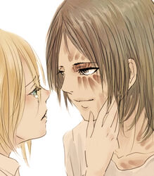  2girls ajitsuke_nori commentary_request hair_down hand_on_another&#039;s_face krista_lenz looking_at_another multiple_girls photoshop_(medium) portrait scar shingeki_no_kyojin short_hair tears ymir_(shingeki_no_kyojin) 