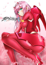  absurdres ass bodysuit breasts closed_mouth commentary_request darling_in_the_franxx derivative_work feathers female green_eyes hair_between_eyes highres horns impossible_bodysuit impossible_clothes large_breasts legs long_hair long_legs oooqqq pilot_suit pink_feathers pink_hair red_bodysuit smile solo thighs very_long_hair zero_two_(darling_in_the_franxx) 