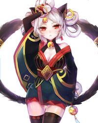  animal_ears animal_hands bell bracelet breasts cat_ears cat_paws cat_tail cleavage commentary_request cowboy_shot cy6n earrings female highres japanese_clothes jewelry kyuumei_neko_(onmyoji) large_breasts onmyoji open_mouth red_eyes simple_background solo tail thighhighs white_background white_hair 