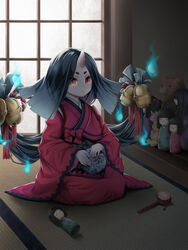  bad_id bad_pixiv_id ball bell black_hair doll female fire hayami_tazuki highres horns japanese_clothes kimono long_hair onmyoji red_eyes seiza single_horn sitting solo temari_ball zashiki_warashi_(onmyoji) 