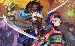  2boys 2girls armor arrow_(projectile) black_hair brown_eyes brown_hair comb cropped flower hadanugi_dousa hair_flower hair_ornament helmet highres holding japanese_armor japanese_clothes kamitani_george katana kimono kisuke kote kusazuri looking_at_viewer momohime multiple_boys multiple_girls obi oboro_muramasa open_clothes open_kimono photoshop_(medium) sash scarf short_kimono short_ponytail shoulder_armor sidelocks skull sode sword torahime weapon yagyuu_yukinojou 