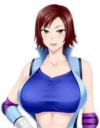  blue_sports_bra blush breasts brown_eyes brown_hair center_opening cleavage collarbone commentary_request do_konjouuo elbow_pads female gloves huge_breasts kazama_asuka looking_at_viewer open_mouth short_hair solo sports_bra tekken upper_body white_background 