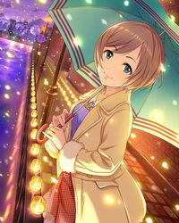  artist_request blue_eyes blurry bokeh brick_wall brown_hair candle cloud coat depth_of_field dutch_angle female houndstooth idolmaster idolmaster_cinderella_girls jpeg_artifacts lamppost looking_at_viewer manaka_misato official_art pavement short_hair sky smile solo source_request umbrella unmoving_pattern water 