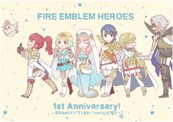  2boys 4girls alfonse_(fire_emblem) anna_(fire_emblem) anniversary armor bird blonde_hair blue_eyes blue_hair blush braid breasts cape chibi commentary_request crown dress earrings feather_trim feh_(fire_emblem_heroes) fire_emblem fire_emblem_heroes fjorm_(fire_emblem) full_body fur_trim gloves gradient_hair green_eyes gunnthra_(fire_emblem) hira_(otemoto84) jewelry long_dress long_hair long_sleeves medium_breasts multicolored_hair multiple_boys multiple_girls mysterious_man_(fire_emblem) open_mouth owl pink_hair polearm scale_armor sharena_(fire_emblem) short_hair simple_background smile thighhighs veil weapon 