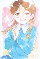  agahari braid brown_eyes brown_hair chibi_maruko-chan commentary_request female glasses honami_tamae interlocked_fingers long_hair open_mouth own_hands_clasped own_hands_together school_uniform smile solo traditional_media twin_braids 