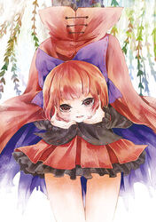  bow cape commentary_request edo. female hairbow headless long_sleeves miniskirt open_mouth red_eyes red_hair sekibanki short_hair skirt smile solo touhou 