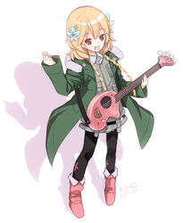  bass_guitar black_pantyhose blonde_hair brown_eyes coat commentary_request dress female flower green_dress hair_flower hair_ornament highres instrument kiira long_sleeves md5_mismatch misono_chiaya oerba_yun_fang open_clothes open_coat open_mouth pantyhose photoshop_(medium) shadow smile solo the_rolling_girls 