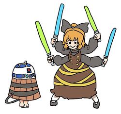  &gt;:) 2girls :&gt; barefoot blonde_hair blush_stickers bow brown_dress bucket commentary_request cosplay crossover dress energy_sword extra_arms general_grievous general_grievous_(cosplay) hairbow in_bucket in_container kisume kurodani_yamame lightsaber lolicon long_sleeves multiple_girls quadruple_wielding r2-d2 r2-d2_(cosplay) shirt simple_background smile solid_circle_eyes star_wars sword terrajin touhou v-shaped_eyebrows weapon white_background 