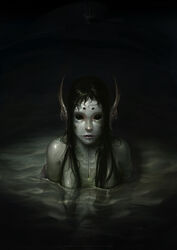  artist_name black_eyes black_hair commentary english_commentary female fins head_fins long_hair looking_at_viewer mermaid monster_girl original partially_submerged photoshop_(medium) reflection scales solo water watermark wen_juinn 