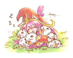  animal_ears bad_id bad_pixiv_id commentary drooling english_commentary female grass hat horns league_of_legends lulu_(league_of_legends) pix_(league_of_legends) poro_(league_of_legends) sleeping sueyen tongue yordle 