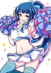  :d armpits bare_shoulders belt blue_hair bow breasts cheerleader cleavage cocoro_magical commentary_request crop_top crop_top_overhang female hairbow large_breasts long_hair looking_at_viewer midriff miniskirt mutou_kurihito navel open_mouth orange_eyes photoshop_(medium) pom_pom_(cheerleading) ponytail shirt skirt smile solo taut_clothes taut_shirt tendouji_musubi thighhighs tokyo_7th_sisters 