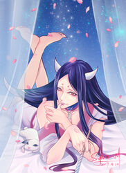  1boy artist_name barefoot black_hair commentary_request dated facial_mark feet forehead_mark horns japanese_clothes kamikui_(onmyoji) long_hair lying male_focus nail_polish on_stomach onmyoji petals photoshop_(medium) rabbit red_eyes soles solo sparkle sylvia_m teeth the_pose toes 