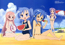  4girls :3 :d :o absurdres ahoge alternate_eye_color back-to-back bag ball barefoot beach beachball bikini blue_eyes blue_hair blue_one-piece_swimsuit blush bow bow_bikini braid breasts cameo chestnut_mouth cleavage cloud creator_connection crossover day fate/kaleid_liner_prisma_illya fate_(series) feet flat_chest food frilled_bikini frills front-tie_top fruit glasses green_eyes hair_between_eyes hair_ornament hair_ribbon half_updo hands_on_own_hips head_tilt highres hiiragi_kagami holding holding_ball holding_food holding_fruit holding_watermelon illyasviel_von_einzbern izumi_konata legs long_hair long_legs looking_at_viewer lucky_star magical_girl magical_ruby matsushima_maimu megami_magazine miyakawa-ke_no_kuufuku miyakawa_hikage miyakawa_hinata mole mole_under_eye multicolored_stripes multiple_girls name_tag navel ocean official_art on_ground one-piece_swimsuit one_eye_closed one_side_up open_mouth outdoors parasol petite pince-nez pink_hair popsicle print_bikini prisma_illya purple_eyes purple_hair rabbit_hair_ornament red_eyes ribbon scan school_swimsuit seiza shadow short_hair siblings sidelocks sisters sitting sky small_breasts smile soles sports_bikini standing star_(symbol) star_print striped_bikini striped_clothes swimsuit thigh_gap twintails umbrella very_long_hair water watermelon watermelon_bar 