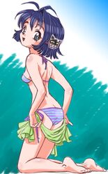  ass bikini black_hair blue_eyes butt_crack commentary_request e-senmio female flat_ass hair_ornament kimi_ga_nozomu_eien kneeling short_hair swimsuit tamano_mayu 