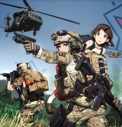  3girls action aircraft ammunition armor assault_rifle bag blonde_hair blue_eyes boots brown_eyes brown_hair camouflage carrying_over_shoulder casing_ejection clock commentary finger_on_trigger firing girlcam_(tanto) glasses glock gloves gun h&amp;k_hk416 handgun heckler_&amp;_koch helicopter helmet highres holding holding_gun holding_weapon load_bearing_vest looking_at_viewer m4_carbine magazine_(weapon) military military_operator military_uniform military_vehicle multiple_girls original rifle shell_casing short_hair soldier tanto_(tc1995) uh-60_blackhawk uniform united_states_air_force weapon woodland_camouflage 