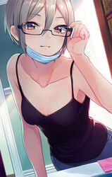  adjusting_eyewear bbbannooo black-framed_eyewear breasts brown_eyes camisole collarbone commentary_request eyes_visible_through_hair female fingernails glasses grey_hair hair_between_eyes idolmaster idolmaster_cinderella_girls leaning_forward light_smile mask mouth_mask photoshop_(medium) reflection semi-rimless_eyewear shiomi_syuko short_hair small_breasts smile solo surgical_mask under-rim_eyewear 