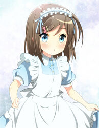  blue_eyes blush bow brown_hair commentary_request female hentai_ouji_to_warawanai_neko. maid maid_headdress one_side_up puffy_sleeves ribbon short_hair short_sleeves skirt_hold solo spiceg tsutsukakushi_tsukiko 