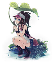  bare_legs bare_shoulders baseball_cap blue_hair boots brown_hair commentary_request female full_body hat highres hilda_(pokemon) leaf_umbrella long_hair lotad one_eye_closed photoshop_(medium) pokemon pokemon_(creature) pokemon_bw pouch pout rain reflection simple_background sitting squatting visor_cap white_background yugimaru_(sugar) 