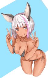  :q animal_ears bikini black_bikini bob_cut breasts chloe_(granblue_fantasy) cleavage cropped_legs dark-skinned_female dark_skin double_v erune female granblue_fantasy imageboard_desourced kachua_(kachua_l) leaning_forward medium_breasts non-web_source short_hair side-tie_bikini_bottom simple_background solo string_bikini swimsuit tongue tongue_out v 