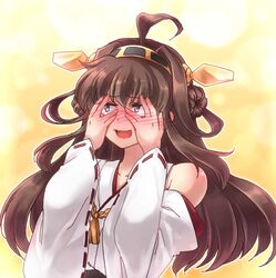  ahoge bare_shoulders blush brown_hair commentary detached_sleeves embarrassed female full-face_blush hairband hands_on_own_cheeks hands_on_own_face hanjuku_tomato headgear kantai_collection kongou_(kancolle) long_hair nontraditional_miko open_mouth peeking_through_fingers peeping purple_eyes ribbon-trimmed_sleeves ribbon_trim solo 