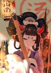  black_hair bow closed_eyes closed_mouth comb commentary_request dated female hair_bun highres horns instrument lamp mouba_(onmyoji) onmyoji shamisen shan-n single_hair_bun solo upper_body 