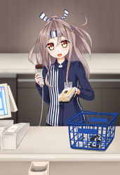  :d barcode_scanner blurry bottle cash_register cashier commentary_request depth_of_field employee_uniform female food grey_hair hachimaki headband highres holding kantai_collection koda_(kodadada) lawson long_hair looking_at_viewer omelet open_mouth ponytail shirt smile solo striped_clothes striped_shirt tamagoyaki uniform vertical-striped_clothes vertical-striped_shirt zuihou_(kancolle) zuihou_(lawson)_(kancolle) 