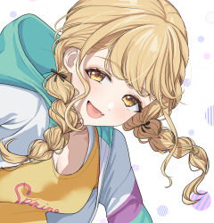  absurdres black_bow blonde_hair blue_jacket blush bow bra bra_strap braid breasts cleavage collarbone commentary_request female fujita_kotone gakuen_idolmaster hair_over_shoulder hairbow highres hood hood_down idolmaster jacket leaning_forward looking_at_viewer low_twin_braids lower_teeth_only medium_breasts multicolored_jacket oerba_yun_fang open_mouth parted_bangs purple_jacket shirt sidelocks simple_background skin_fang solo teeth twin_braids underwear upper_body white_background white_bra white_jacket yatsuka_mirin yellow_eyes yellow_shirt 