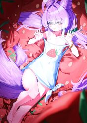  :d absurdres ahoge bare_arms bare_legs bare_shoulders barefoot blue_eyes blush bracelet brown_eyes claw_pose colorful commentary_request cone_hair_bun covered_navel double_bun female flat_chest fluffy_tail food_print foot_out_of_frame fruit_print hair_bun hair_intakes hair_spread_out hands_up heterochromia highres iron_iron jewelry knee_up korean_commentary long_hair looking_at_viewer lying multicolored_hair oerba_yun_fang off_shoulder on_back open_mouth print_tank_top purple_hair skin_fang smile solo spotlight stellive strawberry_print streaked_hair tank_top tenko_shibuki twintails very_long_hair virtual_youtuber white_streaks white_tank_top 