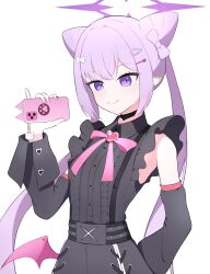  absurdres black_choker black_shirt black_sleeves blue_archive center_frills choker closed_mouth collared_shirt commentary_request cone_hair_bun detached_sleeves female frilled_sleeves frills hair_bun hair_ornament hairclip halo highres holding holding_phone karen_(blue_archive) long_hair nagine_11 neck_ribbon phone pink_ribbon pink_wings pointy_ears purple_eyes purple_hair ribbon shirt sidelocks simple_background sleeveless sleeveless_shirt smile solo standing twintails very_long_hair white_background wings 