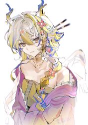  arknights bare_shoulders blonde_hair blue_streaks braid center-flap_bangs choker commentary dragon_girl dragon_horns earrings female flower food-themed_earrings hair_between_eyes hair_flower hair_ornament hair_stick head_tilt highres horns jacket jacket_partially_removed jewelry jing773124 long_hair looking_at_viewer multicolored_hair necklace off_shoulder official_alternate_costume parted_lips pointy_ears purple_jacket shirt shu_(arknights) shu_(spring_feast)_(arknights) simple_background smile solo strawberry_earrings streaked_hair untranslatable_commentary upper_body white_background white_hair yellow_choker yellow_eyes yellow_shirt 
