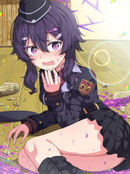  belt black_belt black_skirt blue_archive blush broken broken_glass commentary_request crying crying_with_eyes_open feet_out_of_frame female garrison_cap glass glass_shards hair_between_eyes hair_ornament hairclip halo haruka_(blue_archive) hat highres indoors juliet_sleeves long_sleeves looking_at_viewer medium_hair mikoshi_(user_wvyd4348) military_uniform miniskirt ogipote_(style) on_floor open_mouth pleated_skirt puffy_sleeves purple_eyes purple_hair purple_halo skirt solo spill tears wavy_mouth wooden_floor 