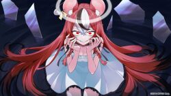  alternate_eye_color aneco_(westsea1227) animal_ear_fluff animal_ear_piercing animal_ears black_hair black_streaks braid breasts broken_glass cleavage copyright_notice crazy_smile double-parted_bangs dress female fingernails floating_hair frilled_dress frills glass glass_shards hair_between_eyes hakos_baelz half-closed_eyes halo hands_on_own_face hololive hololive_english kneeling long_fingers long_hair looking_at_viewer medium_breasts mouse_ears multicolored_hair official_alternate_costume official_alternate_eye_color official_art red_eyes red_hair safety_pin sharp_fingernails sharp_teeth smile streaked_hair teeth twin_braids very_long_hair virtual_youtuber water white_dress white_hair white_halo yandere 