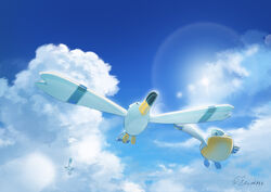  absurdres animal_focus bird closed_mouth cloud commentary day evolutionary_line flying from_below hachiya_shohei highres no_humans outdoors pelipper pokemon pokemon_(creature) signature sky wingull 