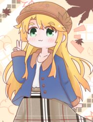  573konamilk :3 blonde_hair blush closed_mouth female green_eyes hat himesaka_noa leaf long_hair maple_leaf notice_lines plaid plaid_skirt skirt smile solo v very_long_hair watashi_ni_tenshi_ga_maiorita! 