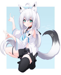  absurdres ahoge animal_ear_fluff animal_ears aqua_eyes arm_garter black_shorts black_thighhighs blue_background blush braid closed_mouth dated detached_sleeves female fox_ears fox_girl fox_shadow_puppet fox_tail gashitani gradient_background hair_between_eyes highres hololive long_hair looking_at_viewer low_ponytail navel outside_border pentagram ponytail raised_eyebrows shirakami_fubuki shirakami_fubuki_(1st_costume) shorts side_braid side_slit signature single_thighhigh smile solo squatting tail thigh_strap thighhighs virtual_youtuber white_hair white_sleeves wide_sleeves 