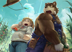  2boys animal_ears bandaid bara bare_shoulders bear_boy bear_ears belly blonde_hair blue_overalls blue_sky brown_eyes brown_fur chest_hair cloud cloudy_sky corn_cob day farmer fat food from_below fruit furry furry_male glasses gloves hat highres iimori_choji jewelry leaf male_focus multiple_boys muscular muscular_male nion_(n_ionion) outdoors overalls pen shirt short_hair sky straw_hat tattoo thick_eyebrows tokyo_afterschool_summoners tomato_plant towel volos_(housamo) watermelon white_shirt wind 