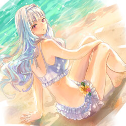  bare_shoulders barefoot beach bikini blush breasts commentary_request female idolmaster idolmaster_(classic) kuroda_kuroko large_breasts long_hair looking_at_viewer looking_back ocean purple_eyes shijou_takane sitting solo sparkle swimsuit thighs wavy_hair white_bikini white_hair 