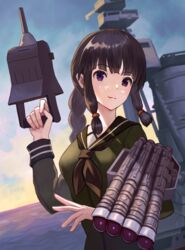  adapted_turret bad_id bad_pixiv_id black_hair black_neckerchief blunt_bangs braid cannon female green_serafuku hair_ribbon kantai_collection kitakami_(kancolle) kitakami_kai_(kancolle) long_hair long_sleeves neckerchief outdoors purple_eyes ribbon rigging school_uniform serafuku sidelocks single_braid smile smokestack solo torpedo torpedo_tubes tress_ribbon tunguu upper_body 