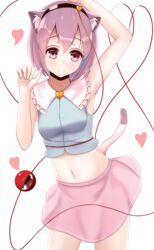  absurdres animal_ears arm_up armpits black_hairband blue_shirt blush breasts cat_ears cat_tail closed_mouth collared_shirt commentary female hair_between_eyes hairband hands_up heart highres komeiji_satori looking_at_viewer mantou_xiang medium_breasts navel pink_eyes pink_skirt purple_hair shirt short_hair simple_background skirt smile solo standing tail third_eye touhou white_background 