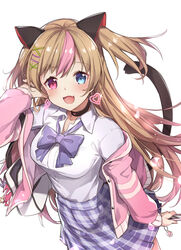  3.14 blue_bow blue_eyes blue_skirt blush bow breasts brown_hair cat_tail earrings female girls&#039;_frontline hair_ornament hairclip heart heart_earrings heterochromia jacket jewelry large_breasts long_hair long_sleeves md5_mismatch mk23_(girls&#039;_frontline) mk23_(new_term_begins_with_a_meow)_(girls&#039;_frontline) multicolored_hair oerba_yun_fang official_alternate_costume open_mouth pink_eyes pink_hair pink_jacket skirt smile solo swept_bangs tail very_long_hair x_hair_ornament 