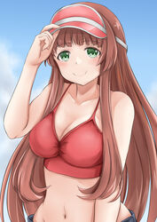  bikini blue_shorts blue_sky blunt_bangs breasts brown_hair cloud collarbone day female green_eyes helena_(kancolle) helena_(swimsuit_mode)_(kancolle) highres kantai_collection koru_pera large_breasts long_hair navel official_alternate_costume red_bikini shorts sidelocks sky smile solo swimsuit upper_body visor_cap 