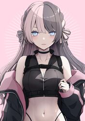  alternate_costume bare_shoulders black_choker black_jacket black_panties black_vest blue_eyes blush bow braid breasts chest_harness chest_strap choker cleavage collarbone crop_top female french_braid grey_bow grey_hair hairbow harness highleg highleg_panties highres iris_black_games jacket large_breasts lipstick long_hair looking_at_viewer makeup multicolored_hair navel noli-pee_(little_stupid) off_shoulder open_clothes open_jacket panties panty_straps parted_lips partially_unzipped pink_background pink_bow pink_hair pink_jacket pink_nails solo split-color_hair stomach streaked_hair tachibana_hinano_(vtuber) two-tone_hair underwear very_long_hair vest virtual_youtuber vspo! zipper zipper_pull_tab 