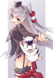  admiral_(kancolle) amatsukaze_(kancolle) animal black_panties blush breasts brown_dress dress feline female garter_straps gloves grey_hair hat highres kantai_collection long_hair long_sleeves non-human_admiral_(kancolle) open_mouth panties red_legwear sailor_collar sailor_dress side-tie_panties simple_background single_glove small_breasts tahya thighhighs two_side_up underwear white_gloves yellow_eyes 