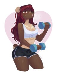  anthro bear breasts cleavage clothed clothing countershading dumbbell exercise female hair lunaris21 mammal opal_(jellydoeopal) solo sun_bear ursine weights 